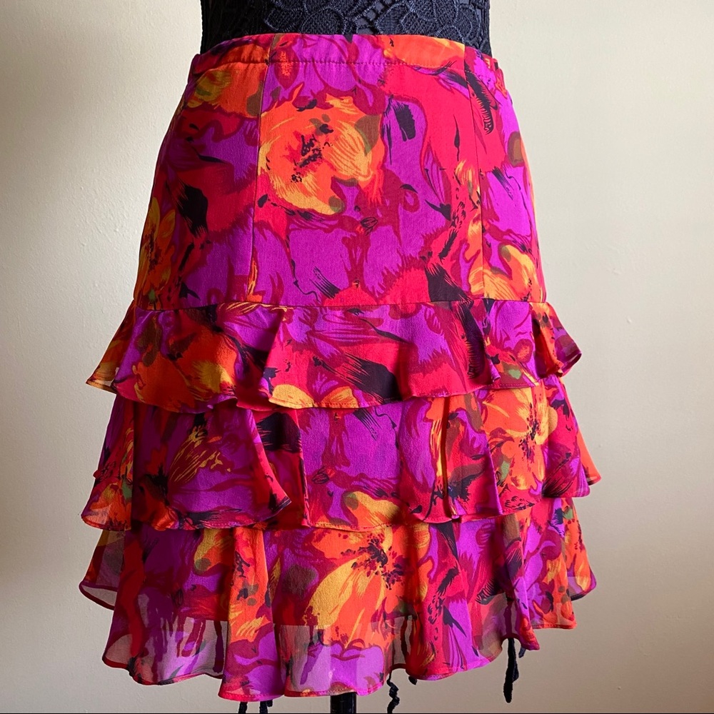 Vintage '90s Graphic Floral Silk Flower Print Ruffle Skirt Zip Elastic Waistband